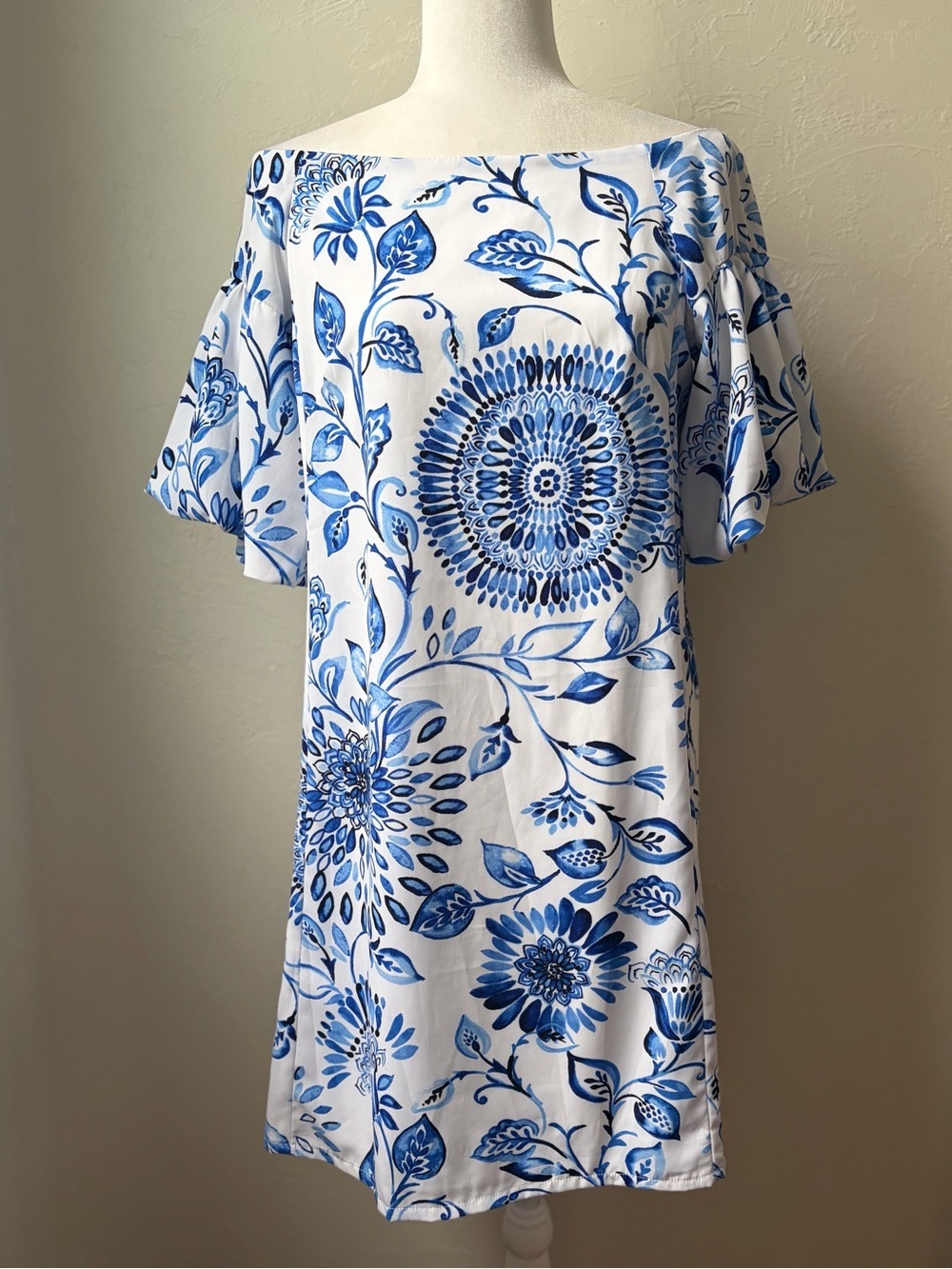 Rabbit Rabbit Rabbit Designs Blue White Floral Off Shoulder Shift Dress 6